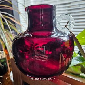 Vtg Dark Cranberry Red Glass vase Jug by Emanuel Beranek 1950s Skrdlovice Vase